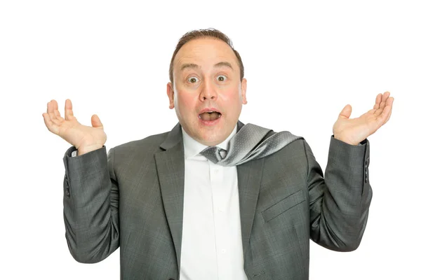 Funny, surprised business man in suit shrugging — Stock Photo, Image