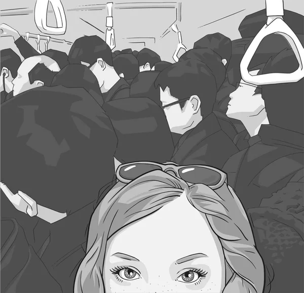 混雑した公共交通機関の Selfie の写真を取っている観光女の子のイラスト — ストックベクタ
