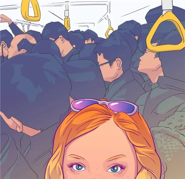 Illustration Von Touristenmädchen Beim Selfie Fotografieren Überfüllten Öffentlichen Verkehrsmitteln — Stockvektor