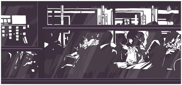 Ilustração Ônibus Noturno Transporte Público Com Passageiros Passageiros —  Vetores de Stock