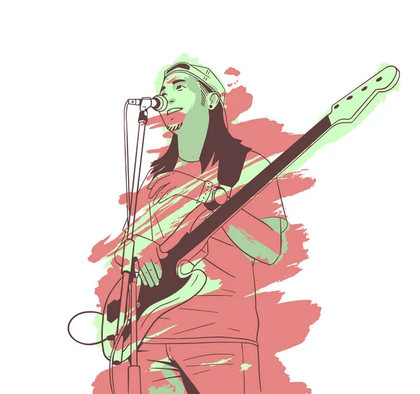 Ilustración Joven Tocando Guitarra Directo Escenario — Vector de stock