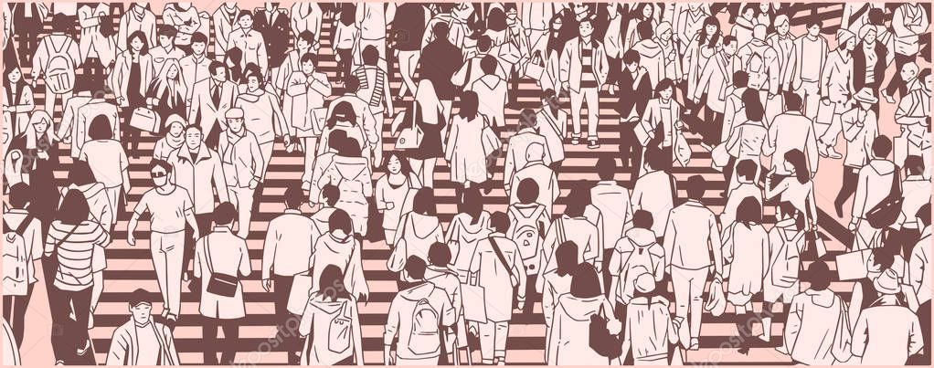 Illustration of large city crowd people tourist walking