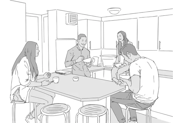 Ilustración Jóvenes Estudiantes Tomando Café Mañana Cocina Casa Compartida — Vector de stock