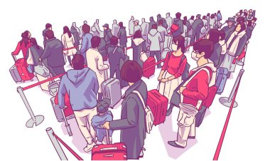 Havaalanı ulaşım çizgisinde bekleyen insanlar turist çizimi
