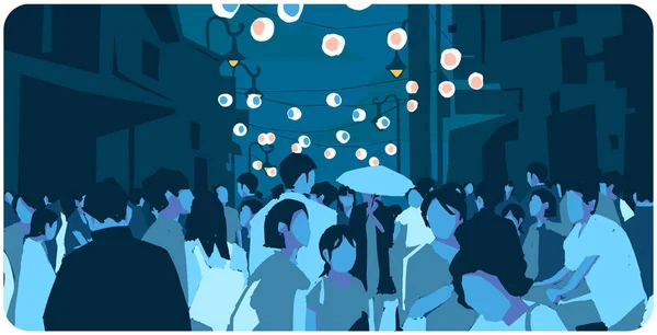 Illustration Trångt Asian Street Kinesiska Nyåret Kväll Natt — Stock vektor