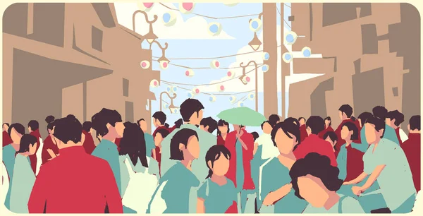 Ilustracja Zatłoczonej Ulicy Azjatka Chiński Nowy Rok Kolorze — Wektor stockowy