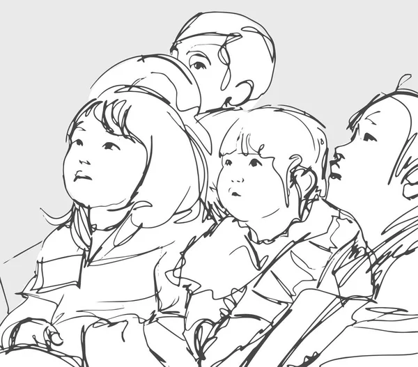 一群日本孩子坐着看着向上看的插图 — 图库矢量图片