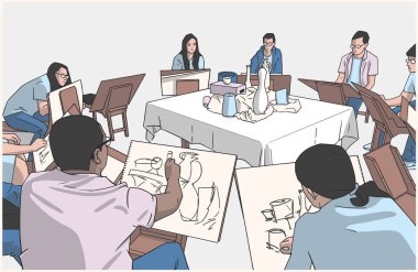 Öğrenciler Sanat stüdyosu natürmort çizim çizimi