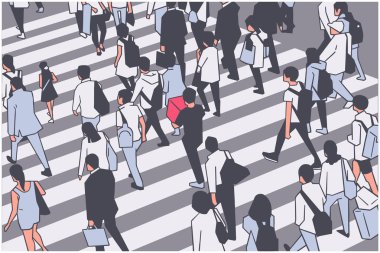 Illustration of busy city crowd crossing zebra clipart