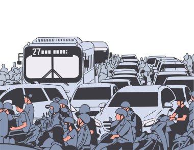 Motosiklet, araba, otobüs, toplu taşıma ile yoğun yoğun saat trafik İllüstrasyon
