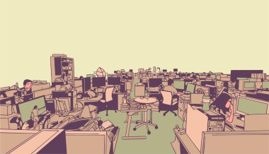 Büyük stüdyo ofis İllüstrasyon, perspektif insan işçiler ile yaratıcı iş yeri