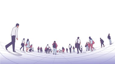 Düşük açı perspektifinden platformda yürüyen şehir kalabalığının illüstrasyonu