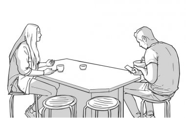 Kahve içen ve mutfak masası üzerinden konuşan genç çiftin illüstrasyonu