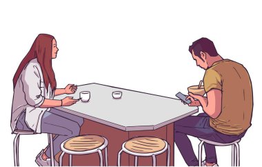 Kahve içen ve mutfak masası üzerinden konuşan genç çiftin illüstrasyonu