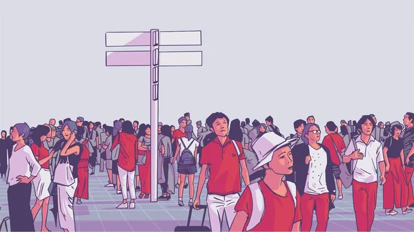 Illustrazione Della Affollata Stazione Dei Trasporti Pubblici Della Città Con — Vettoriale Stock