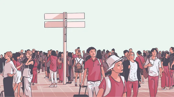 Illustration Trångt Stads Kollektivtrafik Tågstation Med Turister Och Lokalbefolkningen Pendling — Stock vektor