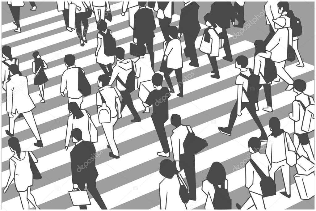 Illustration of busy city crowd crossing zebra