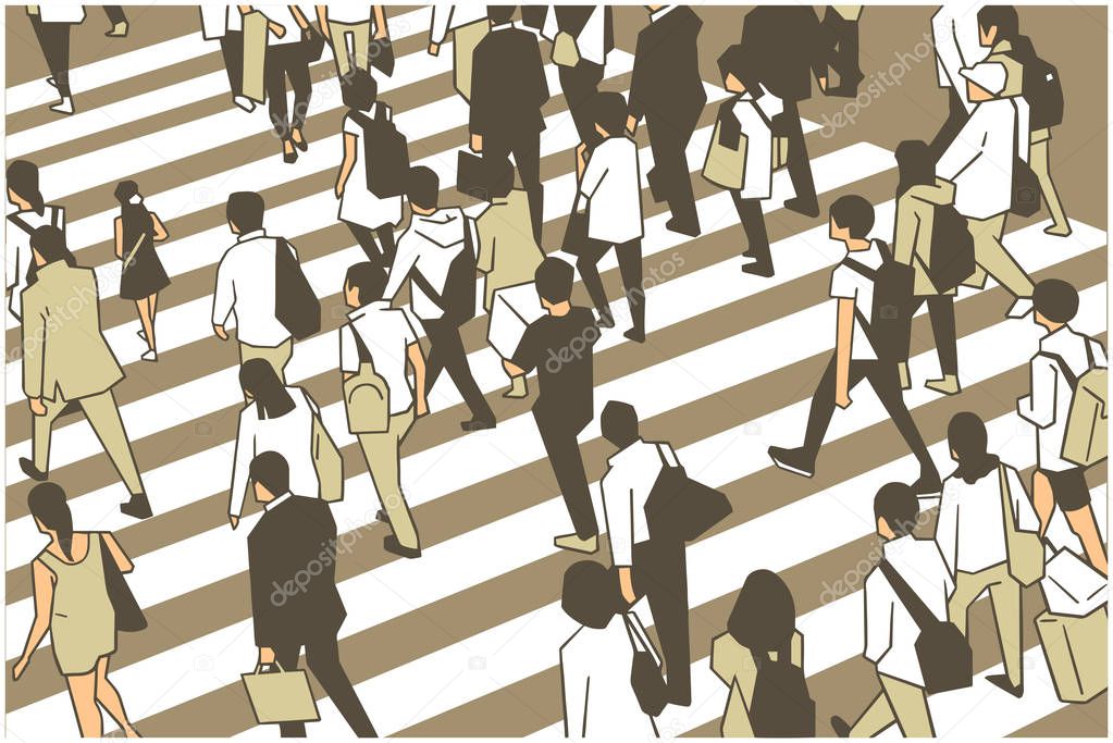 Illustration of busy city crowd crossing zebra