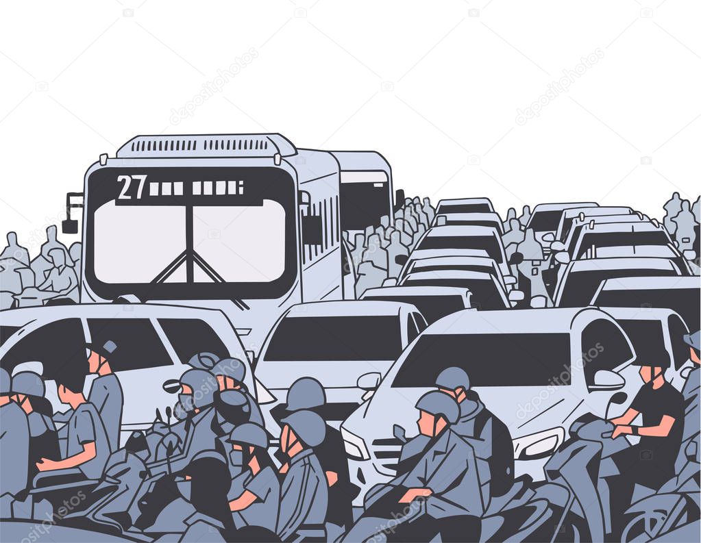 Illustration of busy rush hour traffic with motorcycles, cars, buses, public transport