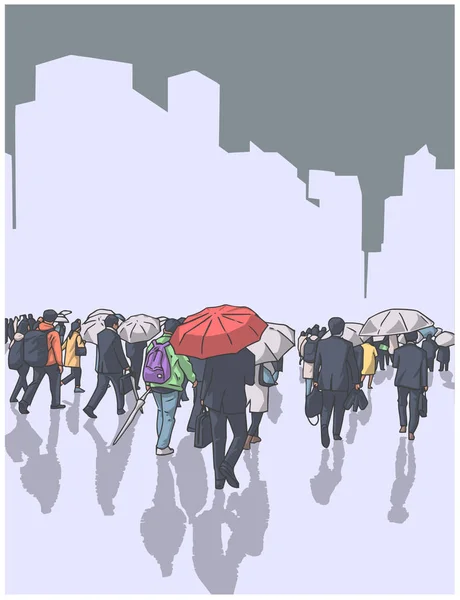 視点で傘を持つ都市都市の群衆の詳細なベクトルイラスト — ストックベクタ