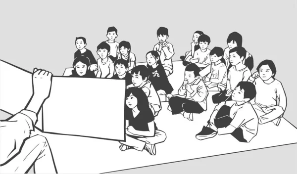 课堂期间幼儿园儿童与家庭教师的插图 — 图库矢量图片