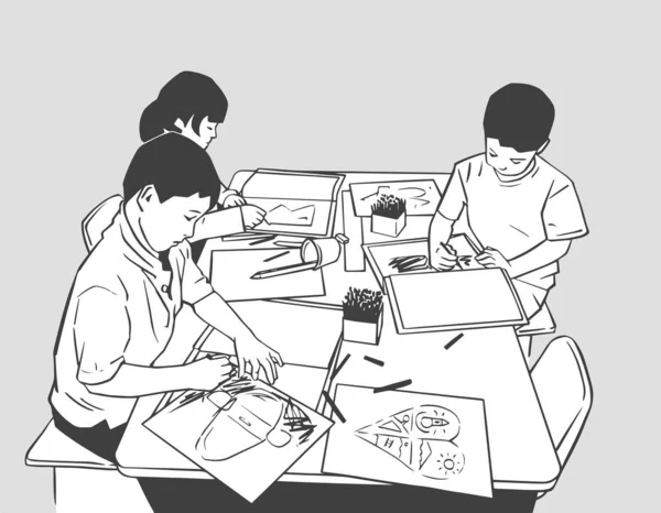 Ilustración Niños Dibujando Escuela Jardín Infantes — Vector de stock