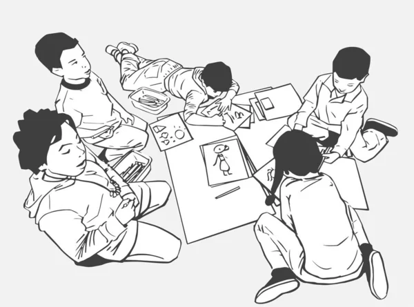 Illustration Enfants Dessinant École Jardin Enfants — Image vectorielle