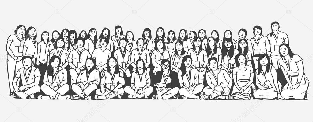 Stylized illustration of large group of people smiling and posing for a photograph in black and white