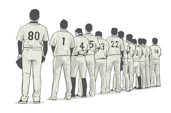Ілюстрація Бейсбольної Команди Стоїть Черзі Початку Гри — стоковий вектор