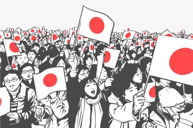 Altın Hafta kutlamalarında bayrak sallayan Japon kalabalığın illüstrasyonu