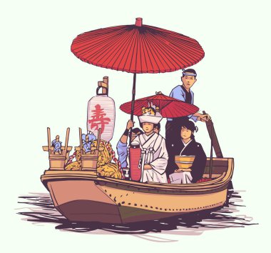 Geleneksel Japon düğün, gelinlik ahşap tekne, Iris çiçek festivali İllüstrasyon