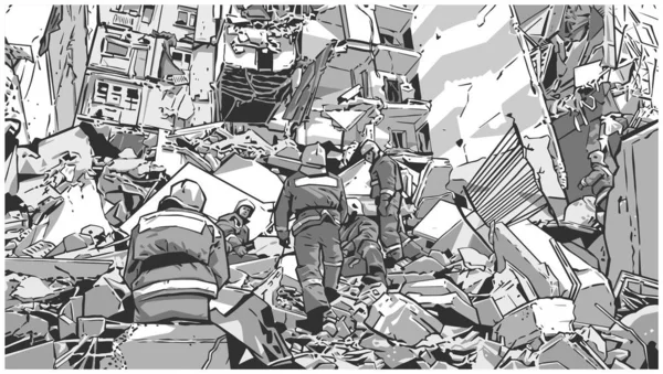 Иллюстрация Пожарных Разрушенном Здании Вследствие Землетрясения Стихийного Бедствия Взрыва Пожара — стоковый вектор