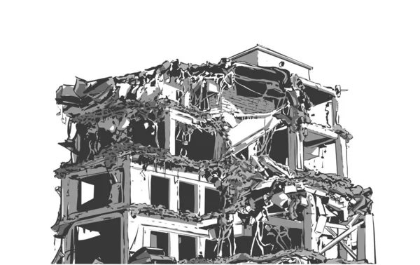 Ilustración Del Edificio Colapsado Debido Terremoto Desastre Natural Explosión Incendio — Vector de stock