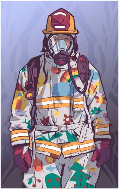 Koruyucu dişli itfaiye stilize illüstrasyon baskı tasarımı