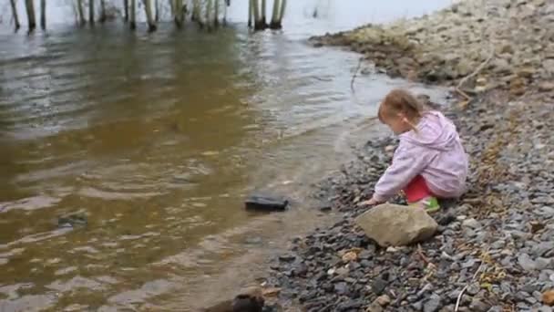 Das Kleine Mädchen Pinkfarbener Jacke Wirft Steine Den Fluss — Stockvideo