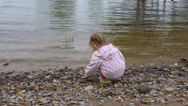 La niña lanza piedras al río por tierra. — Vídeo de stock