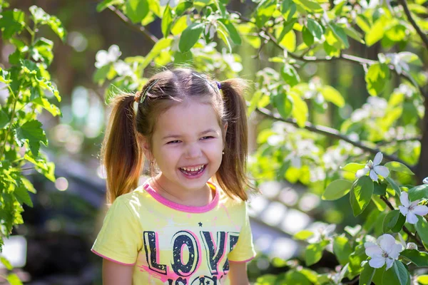 Ragazza Ride Piedi Vicino All Albero Fiore Alla Dacia — Foto Stock