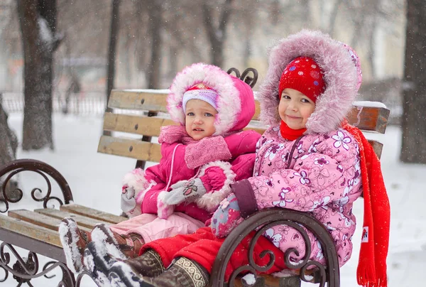 Dos Niñas Hermana Con Chaquetas Rosas Sientan Una Tienda Parque — Foto de Stock