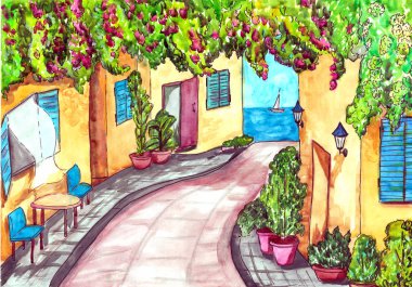 Denize iletken sokağın suluboya çizimi. Çiçekler ve yol ile Morskaya Sokağı