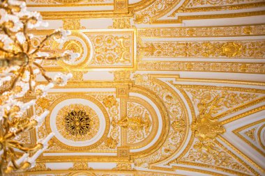 St Petersburg Hermitage salonlarından birinde muhteşem tavan. Kışlık Saray'ın dekorunun altın unsurları