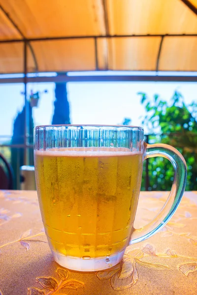 Uma caneca de névoa com cerveja gelada está de pé sobre uma mesa em um café com vista para a natureza — Fotografia de Stock