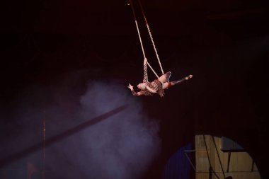 Volgograd, Rusya, 09.26.2019: Kız akrobatlar sirk arenasında gösteri yapıyor. Sirk kubbesinin altındaki iplerde akrobat tehlikeli bir numara sergiliyor.
