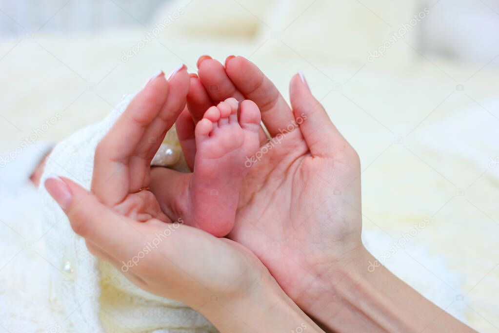 Mom's hands hold a small heel of his newborn baby wrapped in a white warm blanket