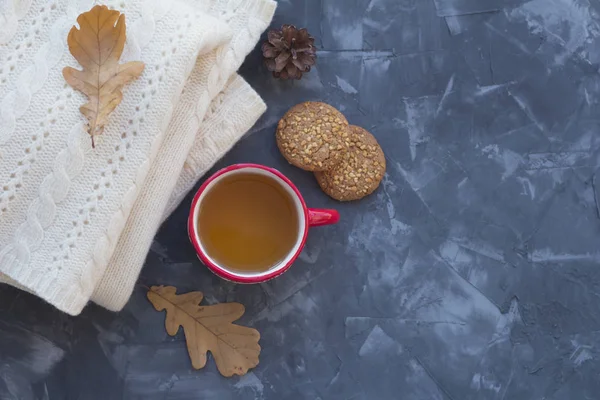 コンクリート背景に葉の紅茶 クッキー 秋の赤カップ — ストック写真