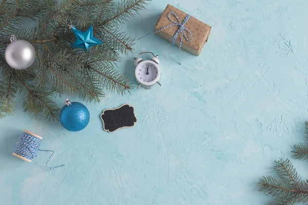 Karácsonyi Objektumok Kék Háttér Felülnézet — Stock Fotó