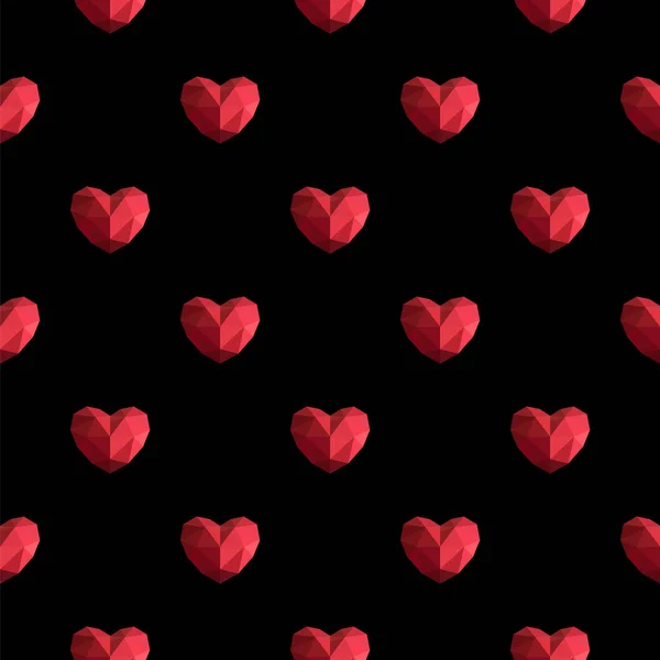 黒の背景のシームレスなパターンに赤の幾何学的な心 — ストックベクタ