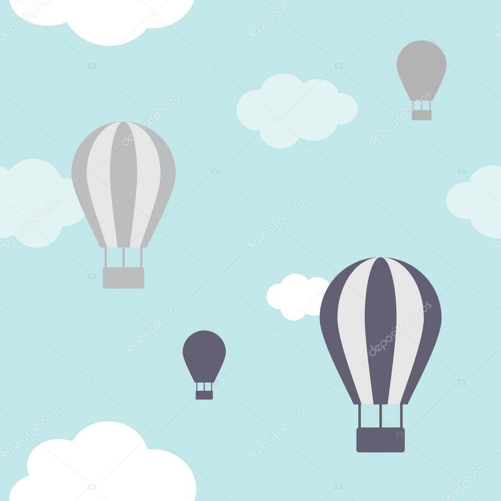 Air balloons and clouds seamless pattern on a blue background