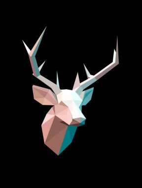 Siyah arka plan üzerine soyut geometrik geyik kafası. Origami kağıt İskandinav tarzı poster