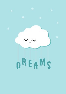 Bulut uyku rüyalar kelime bir halatlar üzerinde tutar. İskandinav tarzı çocuk poster