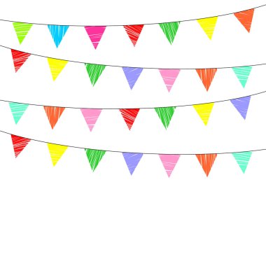 Elle çizilmiş parti beyaz arka plan üzerinde renkli bayrakları